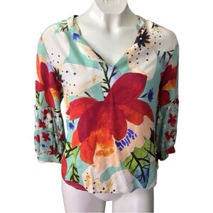 Vintage Esprit Floral V-Neck Blouse - Red and Blue Y2K size small